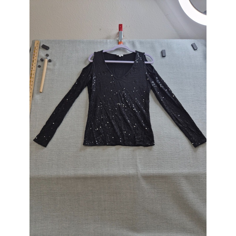 Cache Sweater Womens Large Black Sequin Cold Shoulder V Neck Party Cocktail